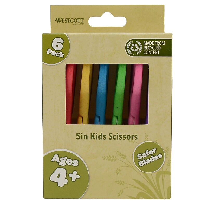 Westcott KleenEarth 5" Stainless Steel Kid's Scissors, Blunt Tip, Assorted Colors 6/Pack (00684) image 1