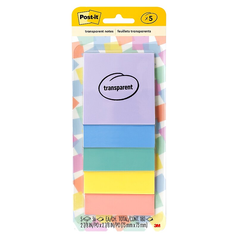 Post-it Transparent Sticky Notes, 2.8" x 2.8", Assorted Colors, 36 Sheets/Pad, 5 Pads/Pack (600-5PASTEL) image 1