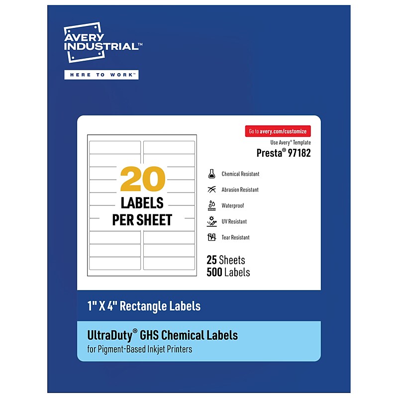 Avery Inkjet UltraDuty GHS Labels, 1" x 4", White, 500 Labels/Pack (97182) image 1