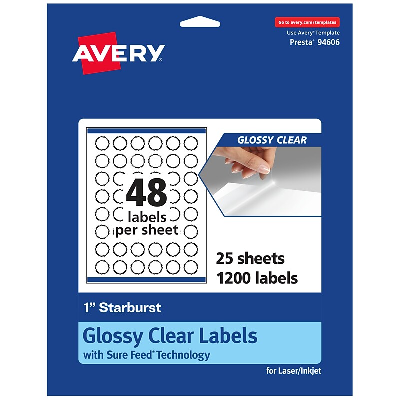 Avery Laser/Inkjet Multipurpose StarburstLabels, 1" Dia, Glossy Clear, 1200/Pack (94606) image 1