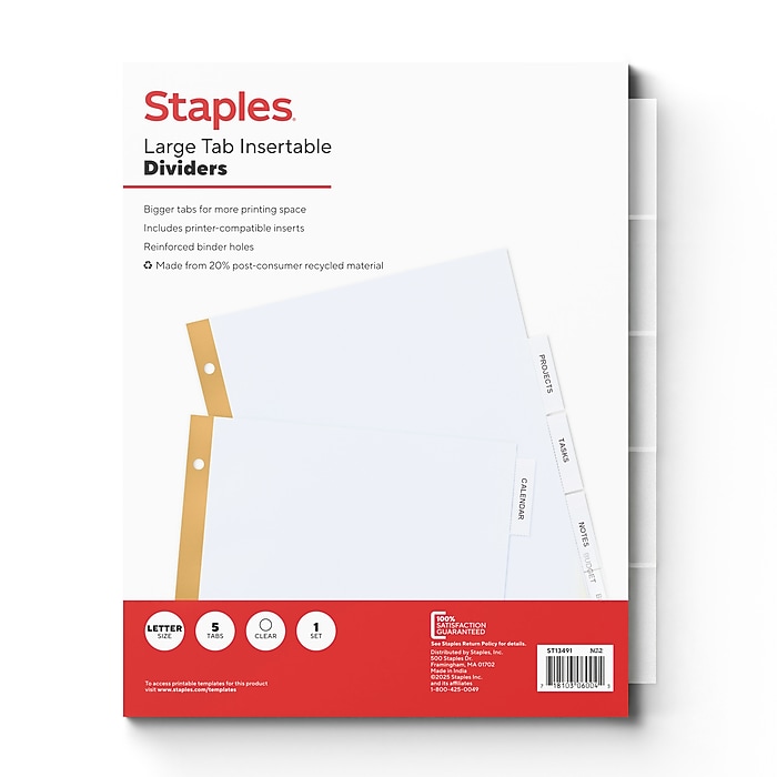 Staples Large Tab Insertable Paper Dividers, Clear, 5-Tabs (13491