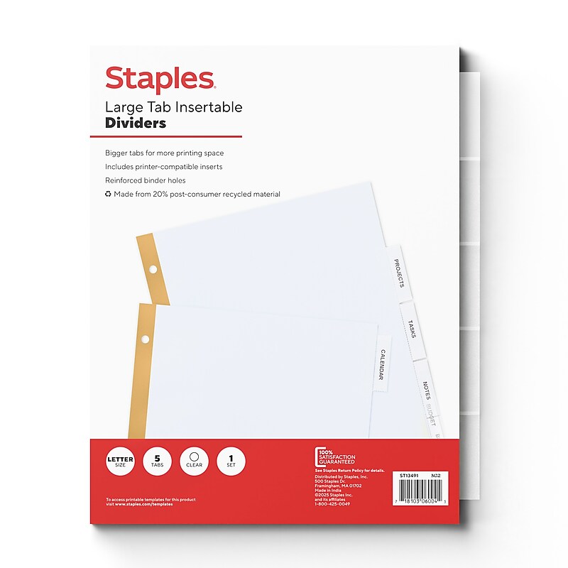 Staples Large Tab Insertable Paper Dividers, Clear, 5-Tabs (13491/11122) image 1
