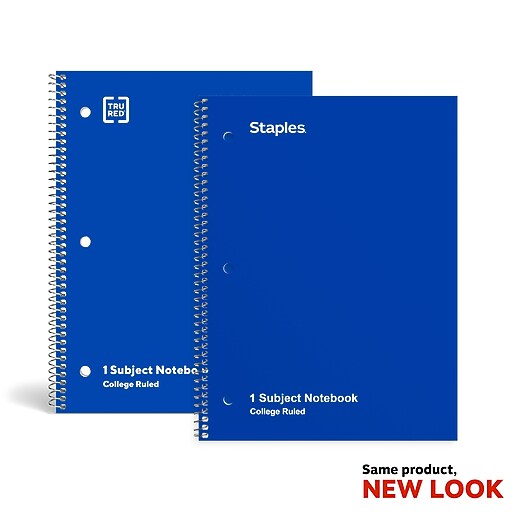 Staples 1Subject Notebook, 8" x 10.5", College Ruled, 70 Sheets, Blue