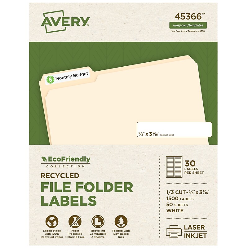 Avery EcoFriendly Laser/Inkjet File Folder Labels, 2/3" x 3-7/16", White, 1500 Labels/Box (45366) image 1