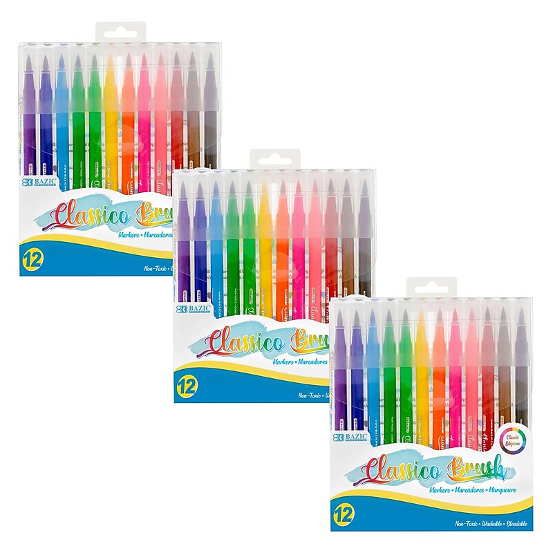 Bazic Washable Water Based Water-Based Marker, Brush, Assorted Colors, 12/Pack, 3 Packs/Bundle (BAZ1277-3) image 1