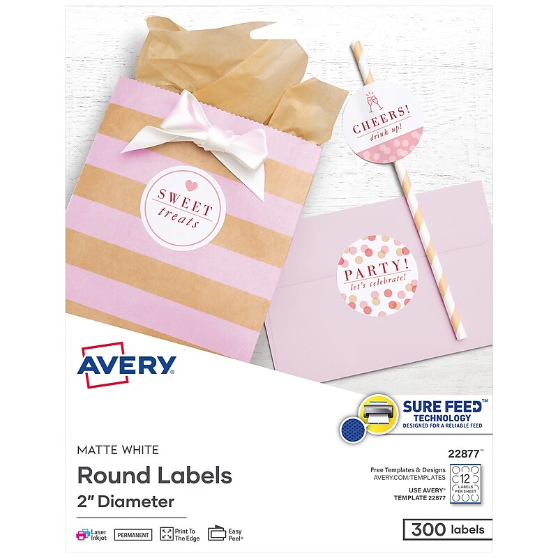 Avery Printable Round Labels with Sure Feed, 2" Dia, Matte White, 300 Labels/Pack (22877) image 1