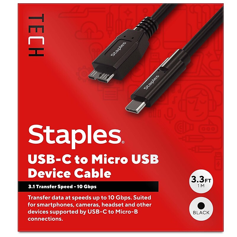 Staples TECH 3.3 ft. USB-C to Micro USB Type-B Audio/Video Cable, Male to Male, Black (ST62445) image 1