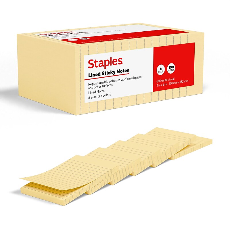 Staples Sticky Notes, 4" x 6", Sunshine Collection, Lined, 100 Sheets/Pad, 6 Pads/Pack (ST62872) image 1