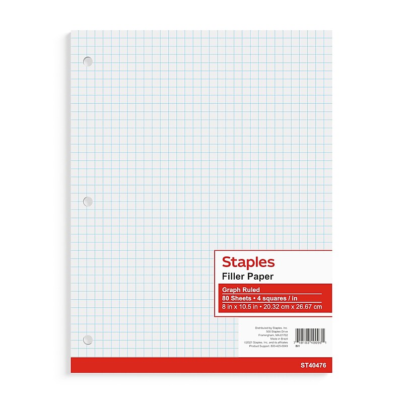 Staples® Graph Ruled Filler Paper, 8" x 10.5", 3-Hole Punched, White, 80 Sheets/Pack (ST40476B) image 1