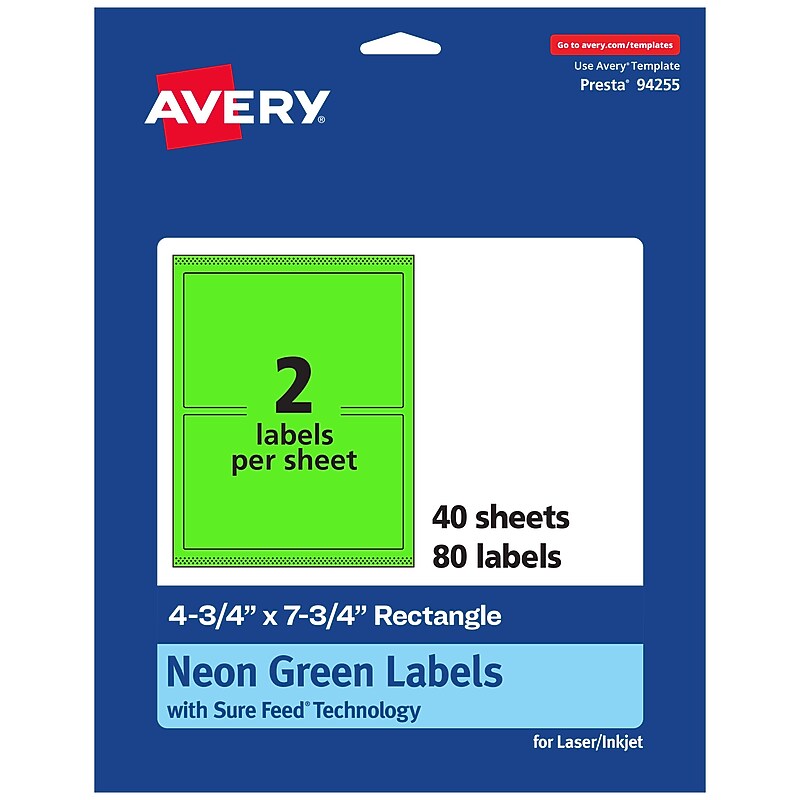 Avery Rectangle Multipurpose Labels, 4.75" x 7.75", Neon Green, 80/Pack (94255) image 1