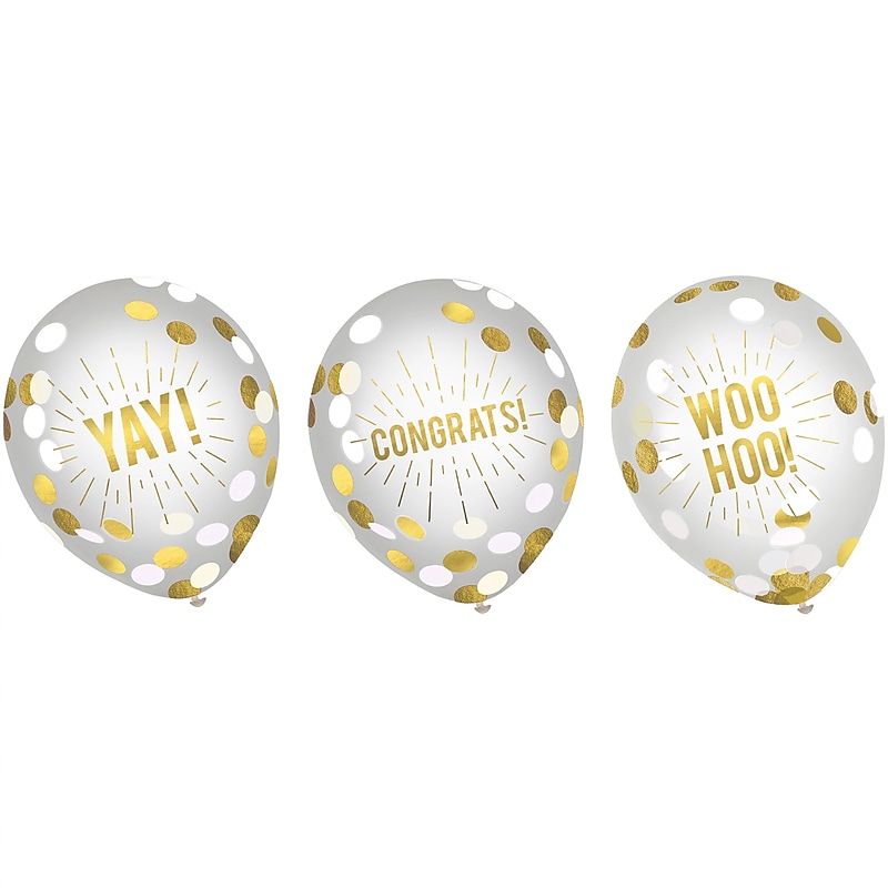 Party City 12" Congratulations Latex Confetti Balloons, White/Gold, 6/Pack (AM111783-PC) image 1