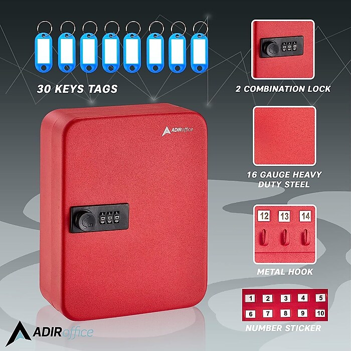 AdirOffice 30-Key Cabinet with Combination Lock and Key Tags, Red