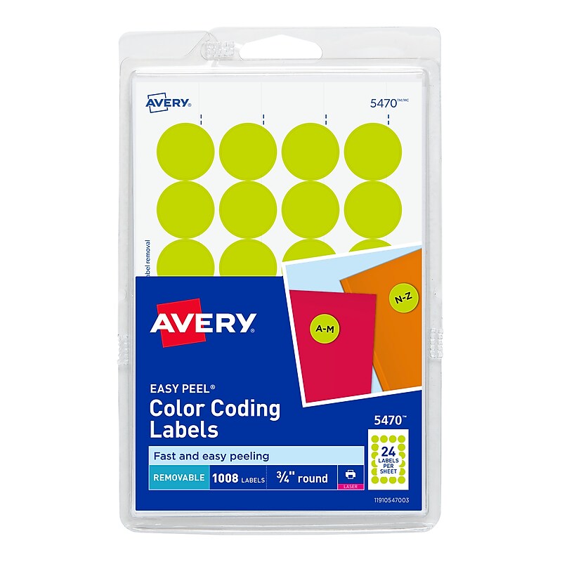 Avery Easy Peel Laser Color-Coding Labels, 3/4" Dia, Neon Yellow, 1,008 Labels/Pack (5470) image 1