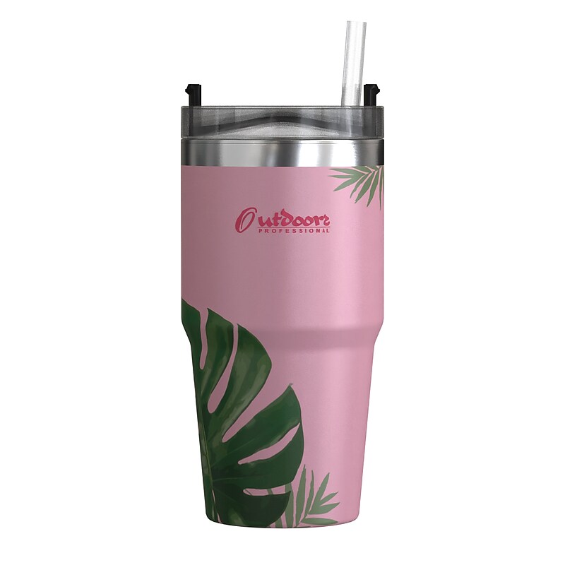 Outdoors Professional Stainless Steel Double-Walled  Tumbler with Straw, 20 oz., Tropical Pink (OUTD9201) image 1