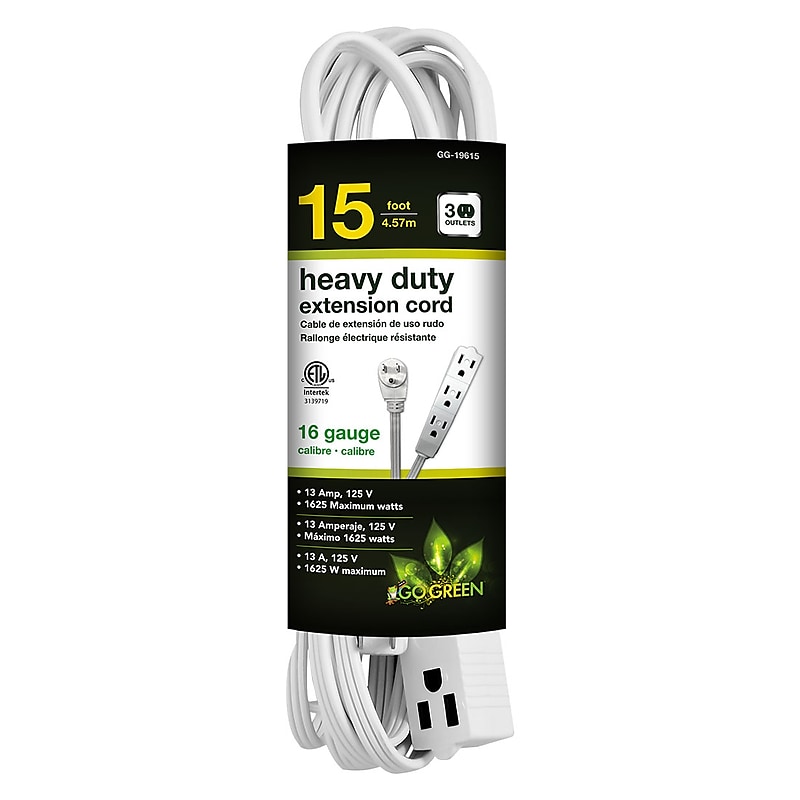 GoGreen Power 15' Extension Cord, 3-Outlet, 16 AWG, White (GG-19615) image 1