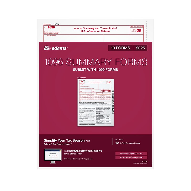 Adams 2025 1096 Summary Tax Form, 1-Part, A, 10/Pack (STAX1096-25) image 1