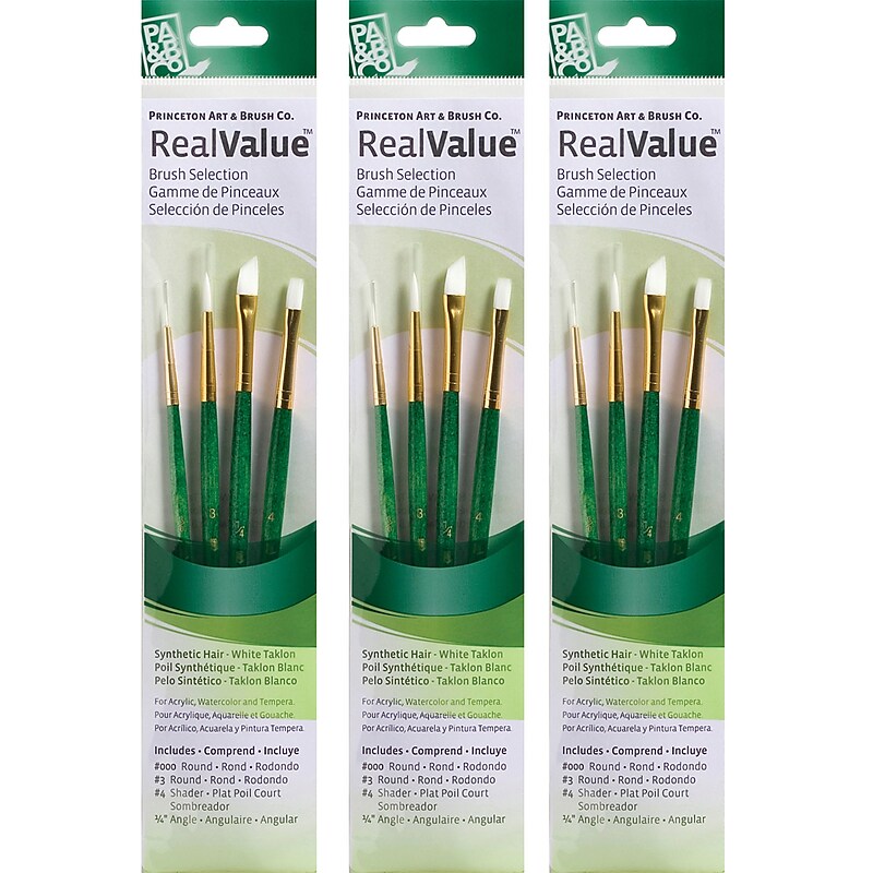 Princeton RealValue Short Handle Mixed Media Synthetic Taklon Variety Brush Set, 4/Set, 3 Sets/Bundle (PBXPR9117-3) image 1