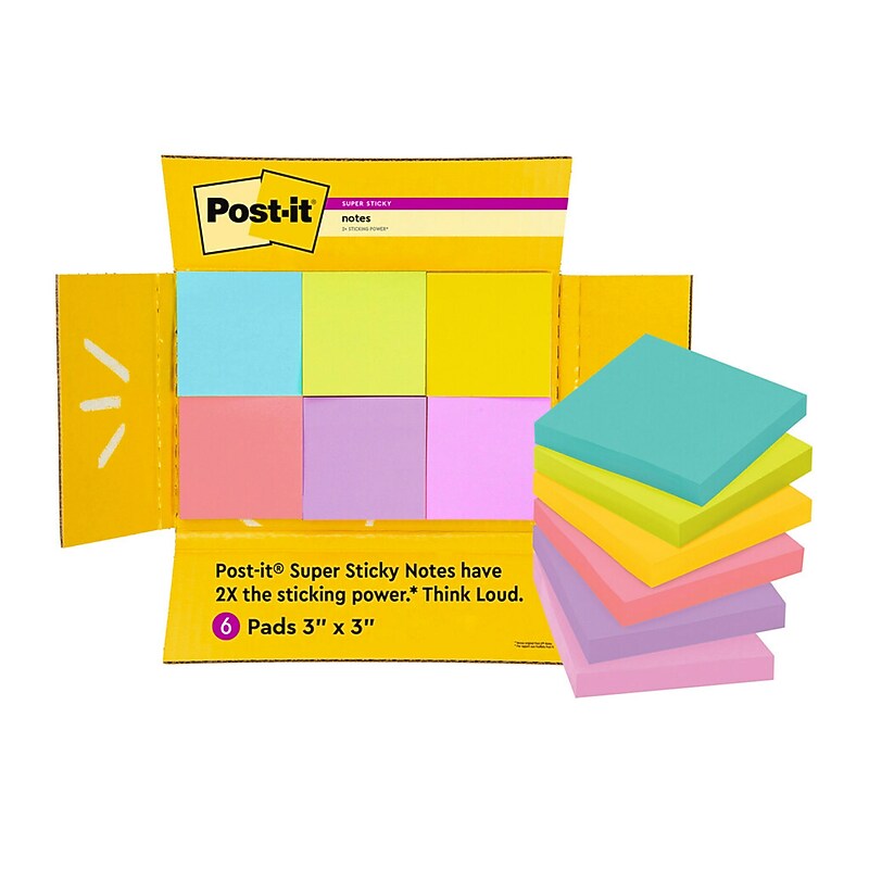 Post-it Super Sticky Notes, 3" x 3", Assorted Collection, 90 Sheet/Pad, 6 Pads/Pack (654-6SSMX-SIOC) image 1
