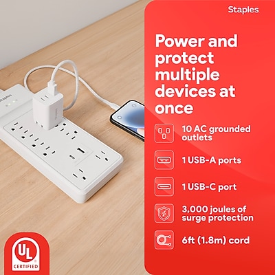 Staples TECH 10-Outlet 2-USB Port Surge Protector, 6′, 3000 Joules, White (ST62776) Sansujyuku sansujyuku.com