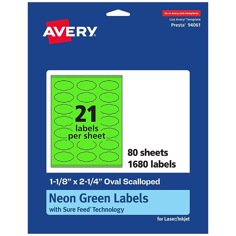 Avery Decorative Edge Multipurpose Labels, 1-1/8" x 2-1/4", Neon Green, 1680/Box (94061) image 1