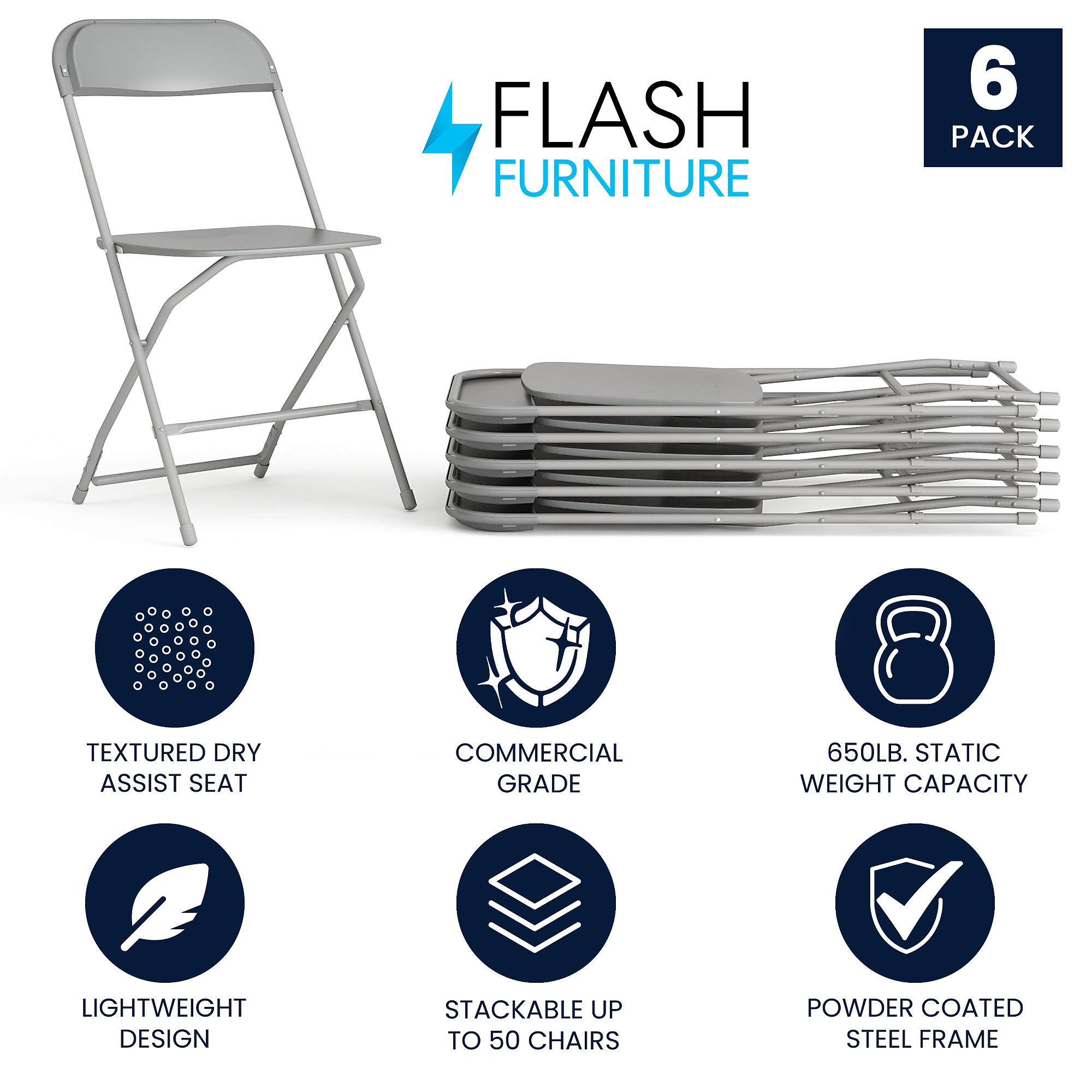 Flash Furniture HERCULES Plastic Folding Chair, Grey, 6/Pack (6LEL3GREY) Sansujyuku sansujyuku.com