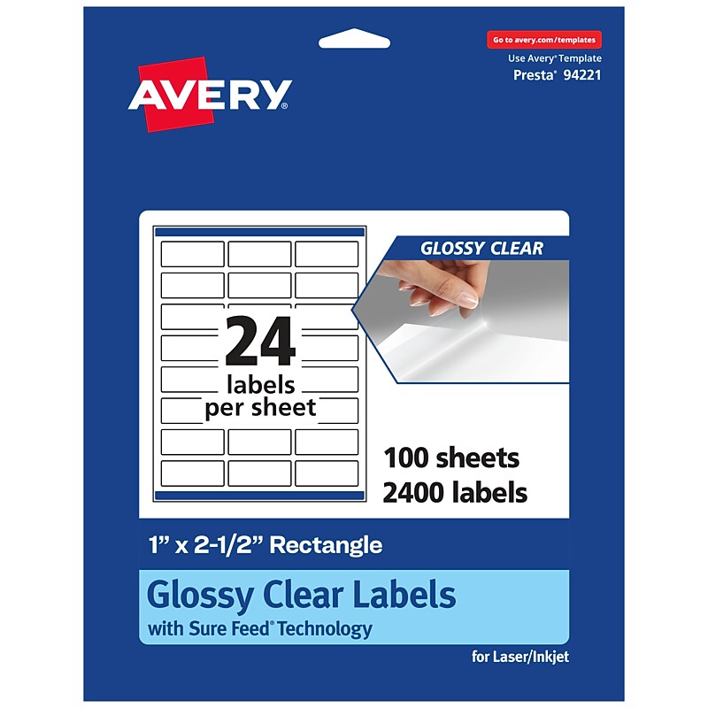 Avery Laser/Inkjet Multipurpose Labels, 2.5" x 1", Glossy Clear, 2400/Box (94221) image 1