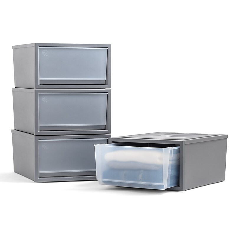 Iris Stackable Plastic Storage Bin With Drawer, Gray, 3/Pack (500115) image 1
