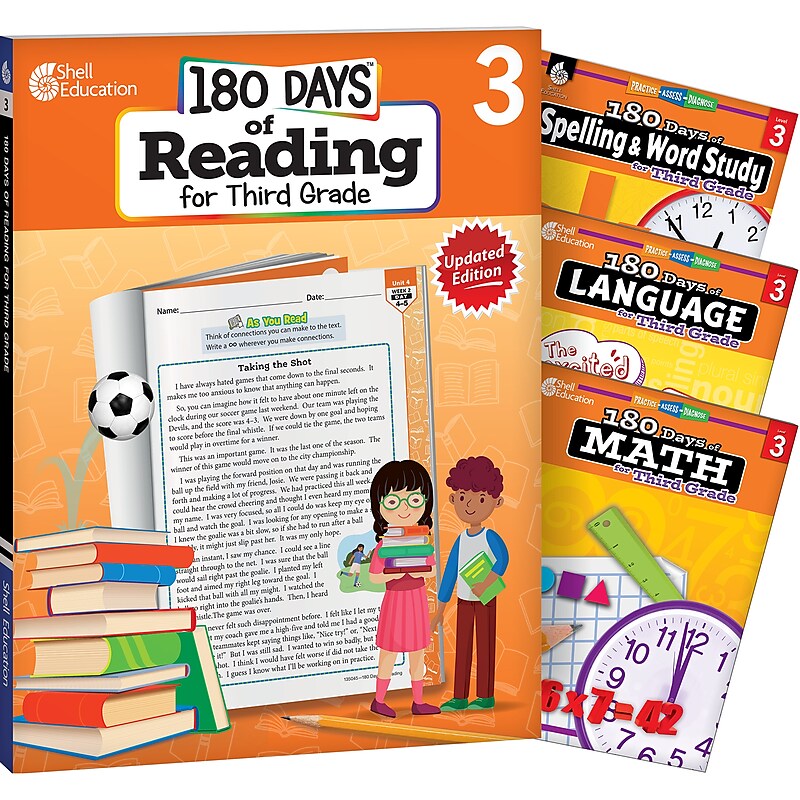 Shell Education 180 Days Reading, Spelling, Language & Math, Grade 3, Workbook, 4/Set (SEP147637) image 1