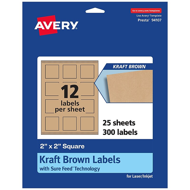 Avery Square Labels, 2" x 2", Kraft Brown, 300 Labels/Pack (94107) image 1