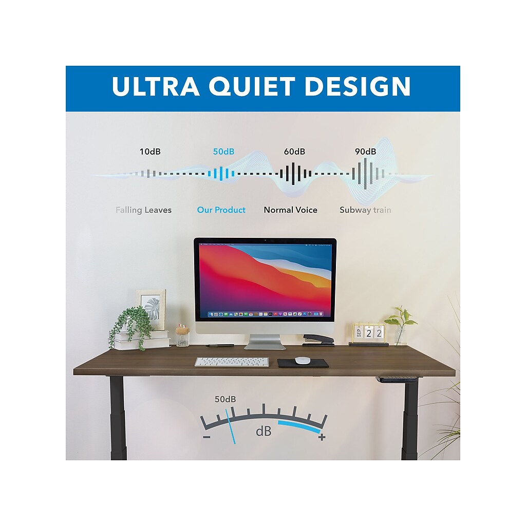 Ultra quiet design with decibel levels graphic and desk at center.
