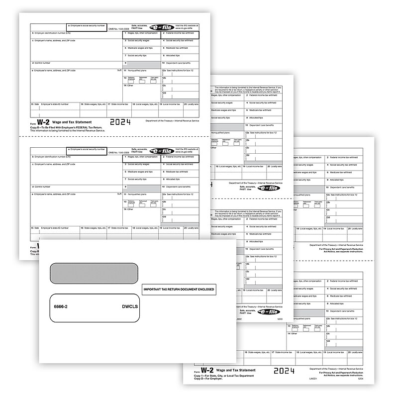 ComplyRight 2024 W-2 Tax Form Envelopes/Recipient Copy Only, 5-Part, 2-Up, Copy B, C/2, D/1, 25/Pack (5648E25) image 1