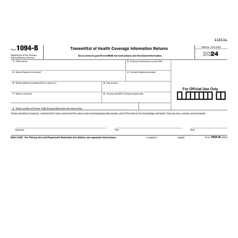 ComplyRight 2024 1094-B Tax Form, 1-Part, White/Black, 50/Pack (1094BT50) image 1