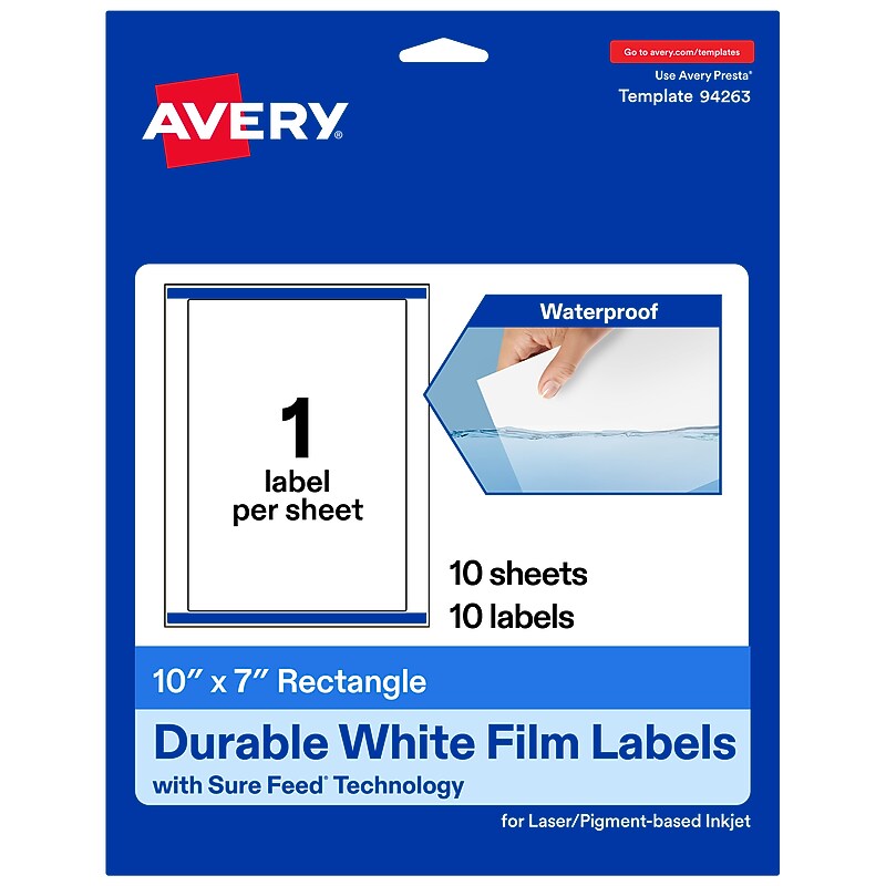 Avery Laser/Inkjet Rectangle Waterproof Multipurpose Labels, 3.44" x 0.94", White, 180/Pack (94218) image 1