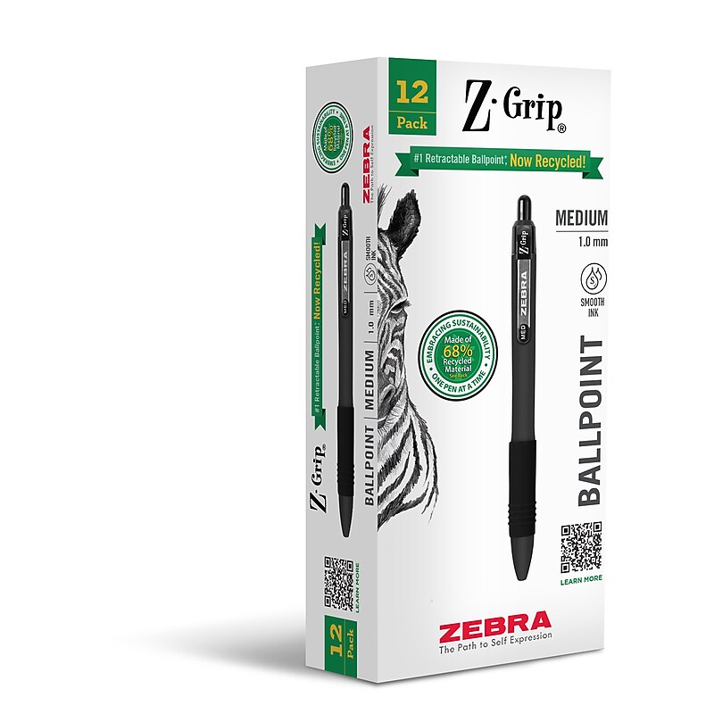 Zebra Z-Grip Retractable Ballpoint Pen, Medium Point, 1.0mm, Black Ink, Dozen (20610) image 1