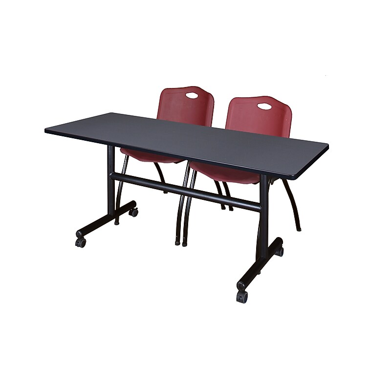 Regency Kobe 60" Flip Top Mobile Training Table- Grey & 2 'M' Stack Chairs- Burgundy image 1