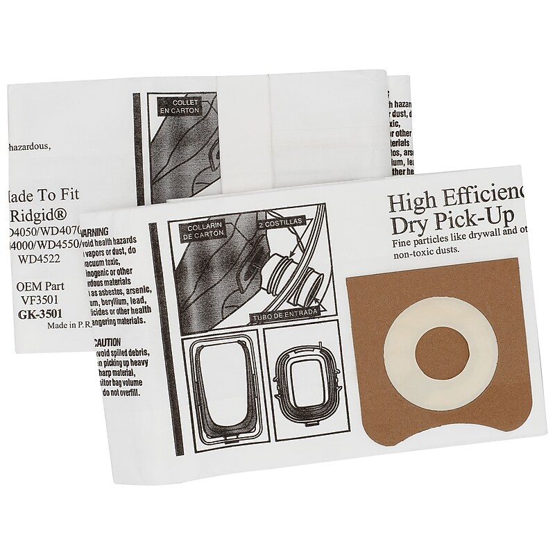 Green Klean Ridgid High-Efficiency Replacement Paper-Dry Pickup Vacuum Bag, White, 2/Pack (GK-3501-P) image 1