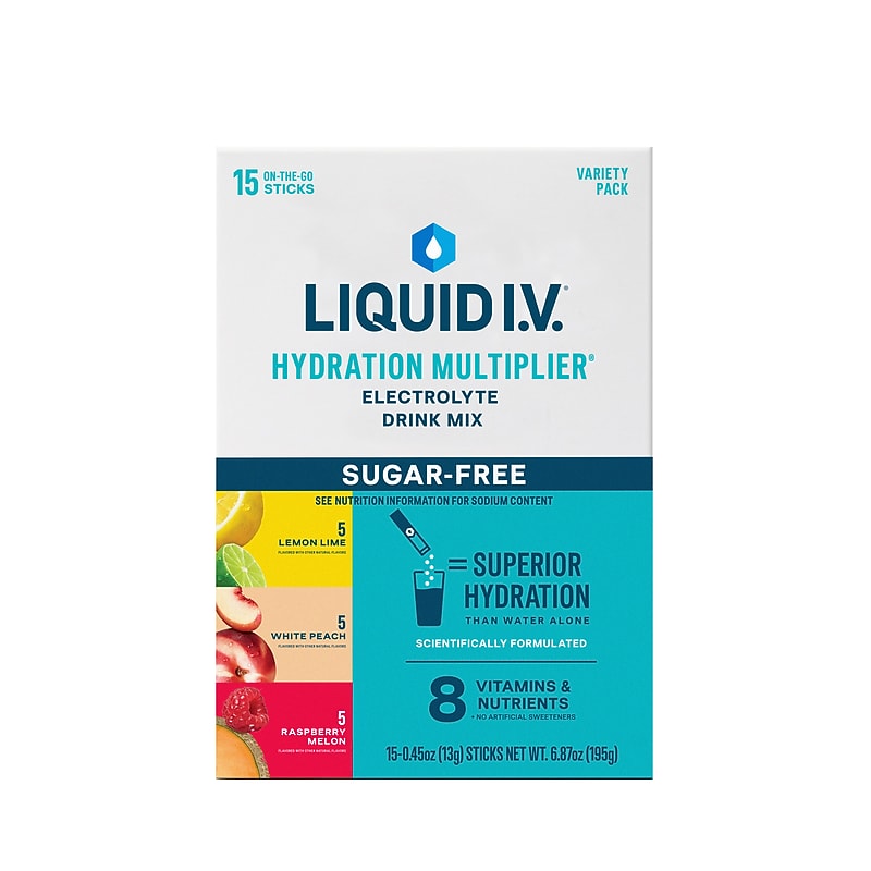 LIQUID I.V. Hydration Multiplier Sugar-Free Variety Pack Electrolyte Powder Drink Mix, 0.56 oz., 15 Sticks/Box (EHC97191) image 1