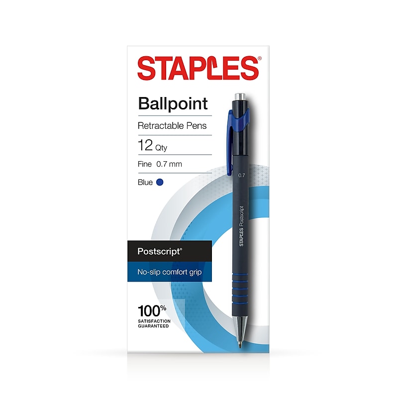 Staples Postscript Retractable Ballpoint Pens, Fine Point, Blue Ink, Dozen (18266) image 1