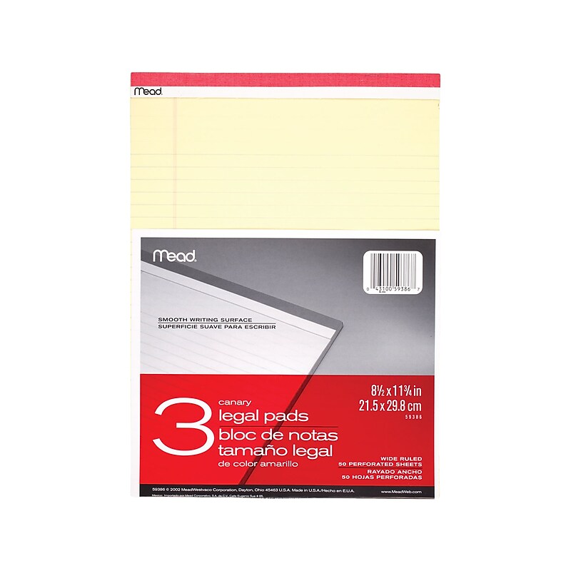 Mead Notepad, 8.5" x 11", Wide-Ruled, Canary, 50 Sheets/Pad, 3 Pads/Pack (59386) image 1