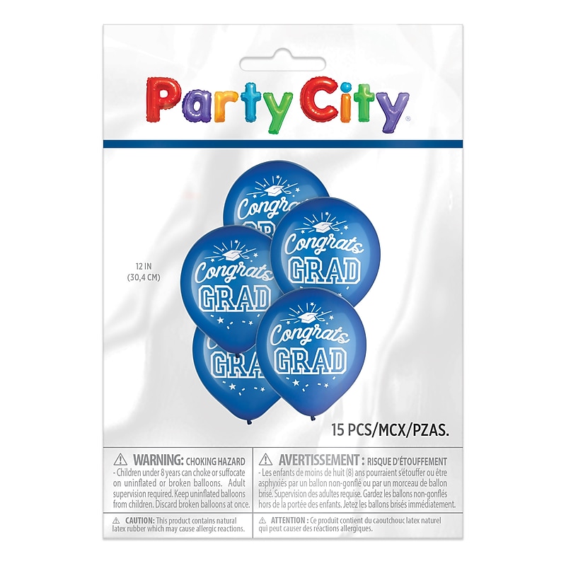 Party City 12" Congrats Grad Latex Balloons, Blue, 15/Pack (AM110364-PC) image 1