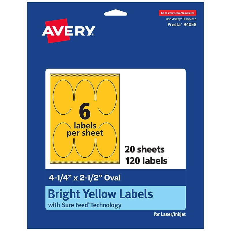 Avery Oval Laser/Inkjet Multipurpose Labels, 4.25" x 2.5", Bright Yellow (120/Pack) image 1