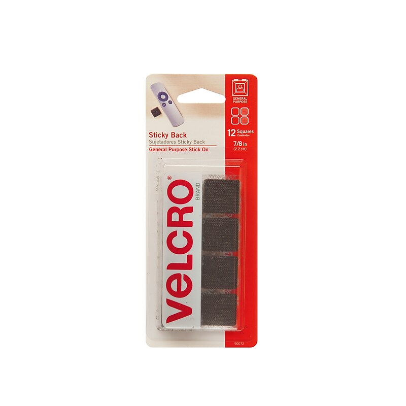 Velcro® Brand 7/8" x 7/8" Sticky Back Hook & Loop Fastener Mounting Squares, Black, 12/Pack (90072) image 1