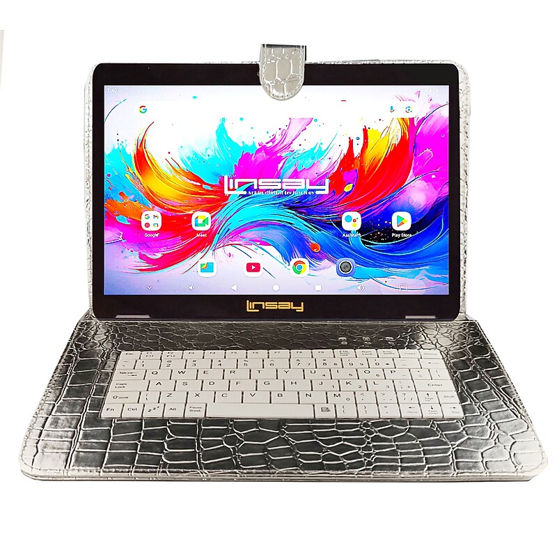 LINSAY F10 Series 10.1" Tablet, Wi-Fi, Octa Core, 256GB eMMC, Android 15, Silver Keyboard Case (F10IPGBDSPLUS) image 1