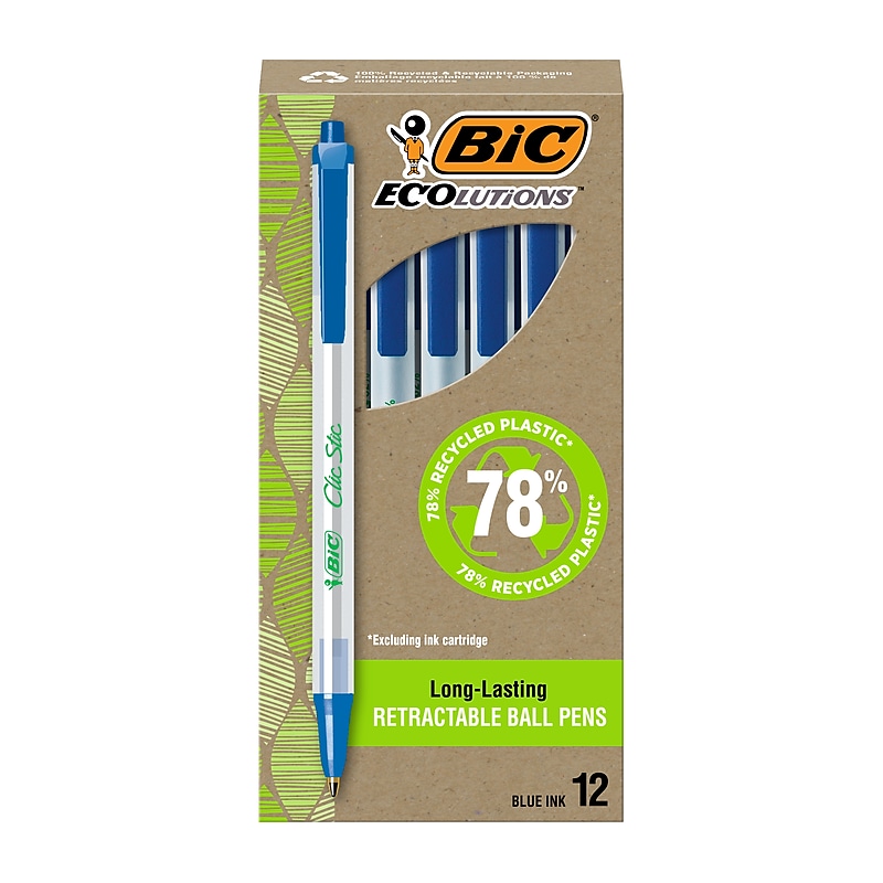 BIC Ecolutions Clic Stic Retractable Ballpoint Pens, Medium Point, Blue Ink, Dozen (CSEM11BE) image 1