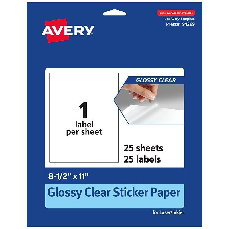 Avery Laser/Inkjet Multipurpose Labels, 11" x ", Glossy Clear, 25/Pack (94269) image 1