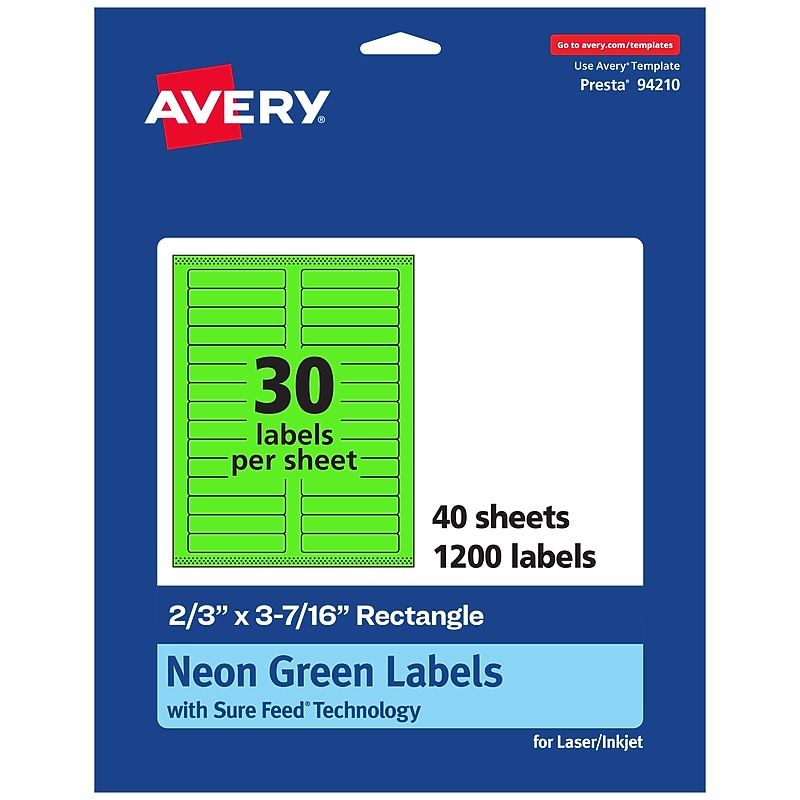 Avery Rectangle Multipurpose Labels, 2/3" x 3-7/16", Neon Green, 1200/Pack (94210) image 1