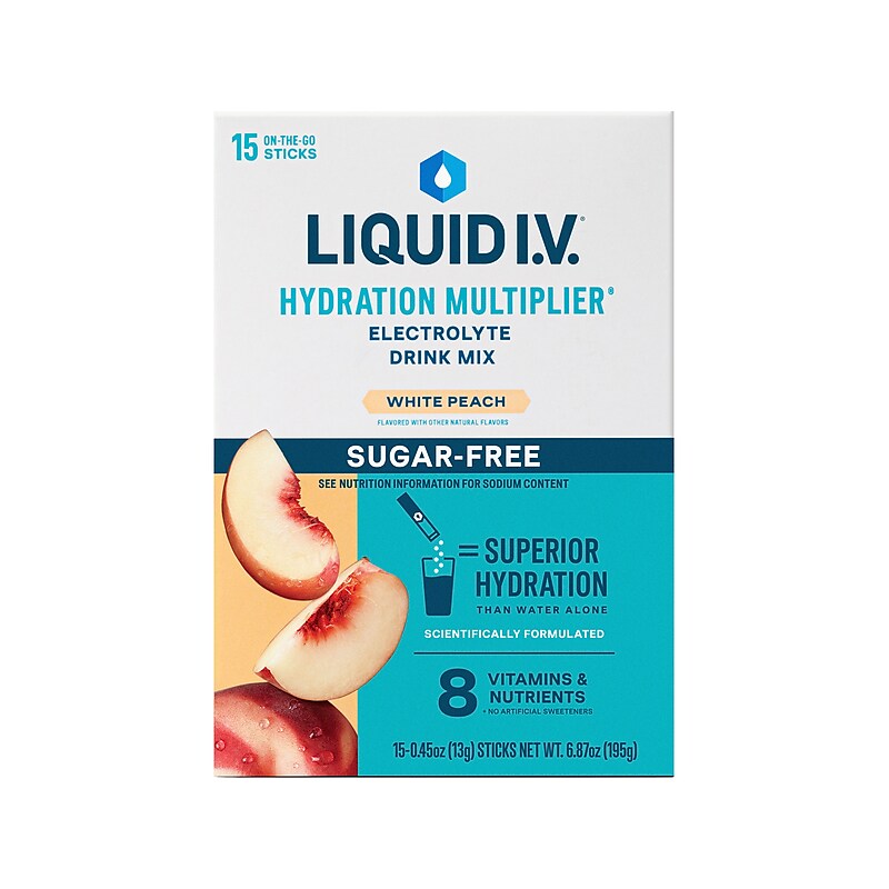 LIQUID I.V. Hydration Multiplier Sugar-Free White Peach Electrolyte Powder Drink Mix, 0.45 oz., 15 Sticks/Pack (LVM-1519) image 1