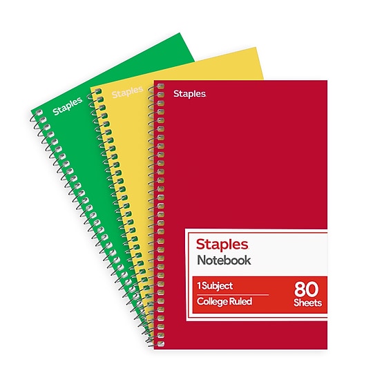 STAPLES 1‑Subject Spiral Notebook, College Ruled, 80 Sheets, Assorted Colors, 3‑Pack~#|#~88310A34-1749-4EC9-AE07F00AE3C6EDEF_sc7