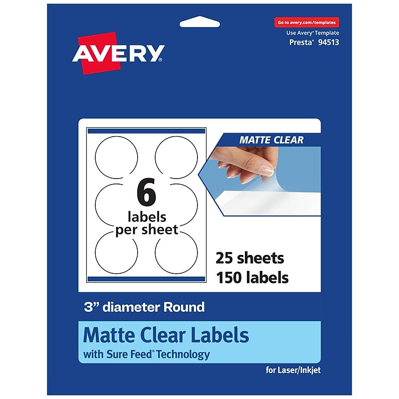 Avery Laser/Inkjet Circle Multipurpose Labels, 3" Dia., Clear, 150/Pack (94513) image 1