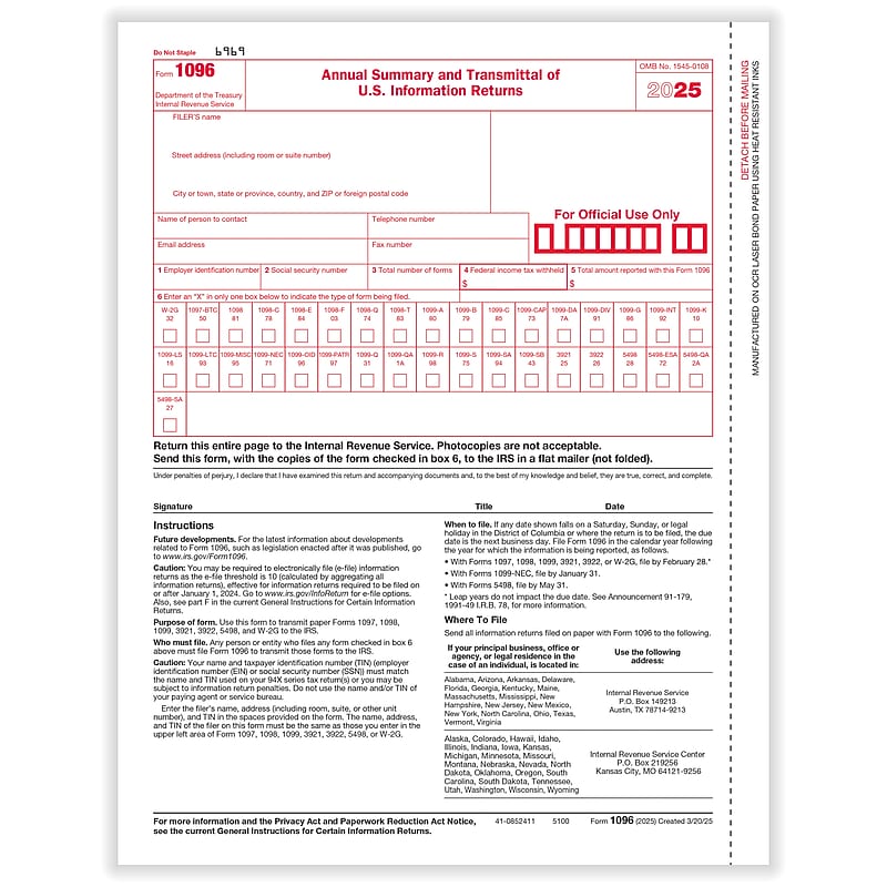 ComplyRight 2025 1096 Annual Transmittal For U.S. Information Returns Tax Form, 1-Part, Pack of 50 Forms image 1